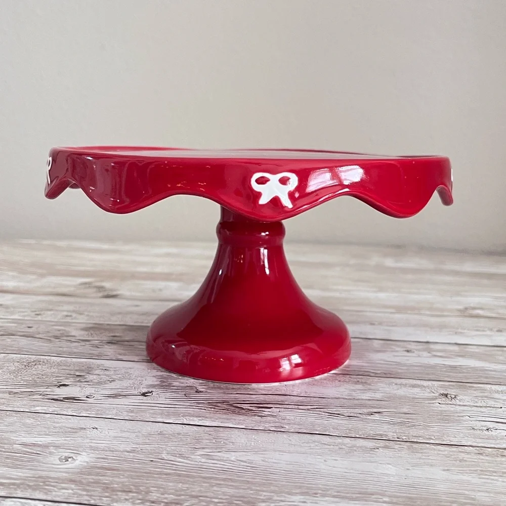 Target Bullseye Playground Christmas Red with White Bows Ceramic Cake Stand🎀